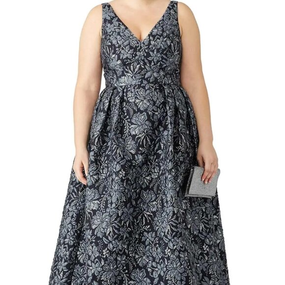Theia Floral Slate Ballgown Silver Jacquard Floral Formal Dress Women's Size 16 - Picture 6 of 7